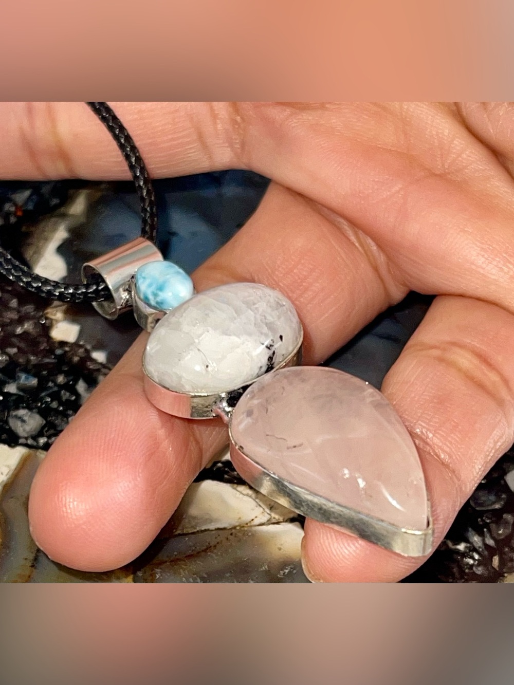 Petite Larimar, Rainbow Moonstone & Rose Quartz Crystal Pendant 2 1/2” - Picture 11 of 17
